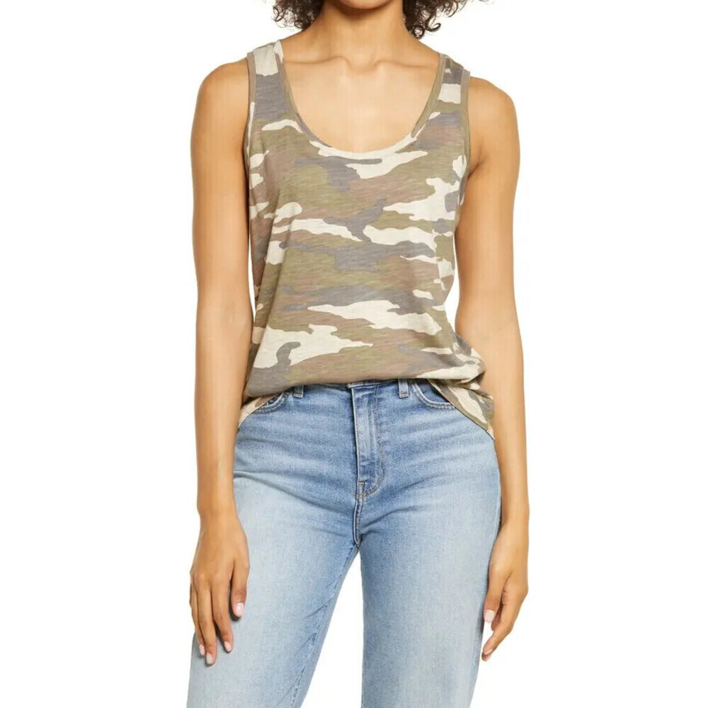 1.State Scoop Neck Tank Top Rich Olive Camouflage Size M
